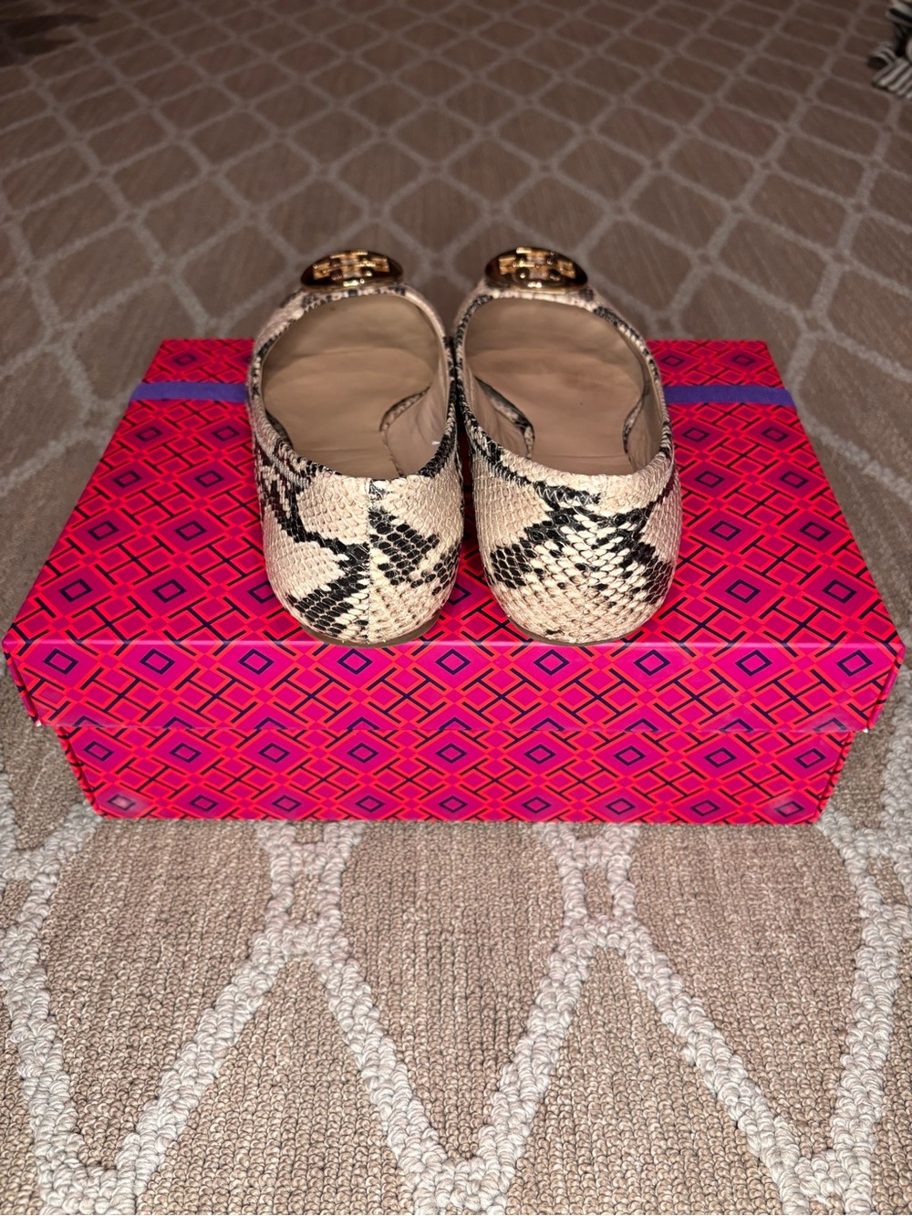 Tory Burch Beige and Black Snake-Print Logo Ballet Flats - Picture 3 of 4